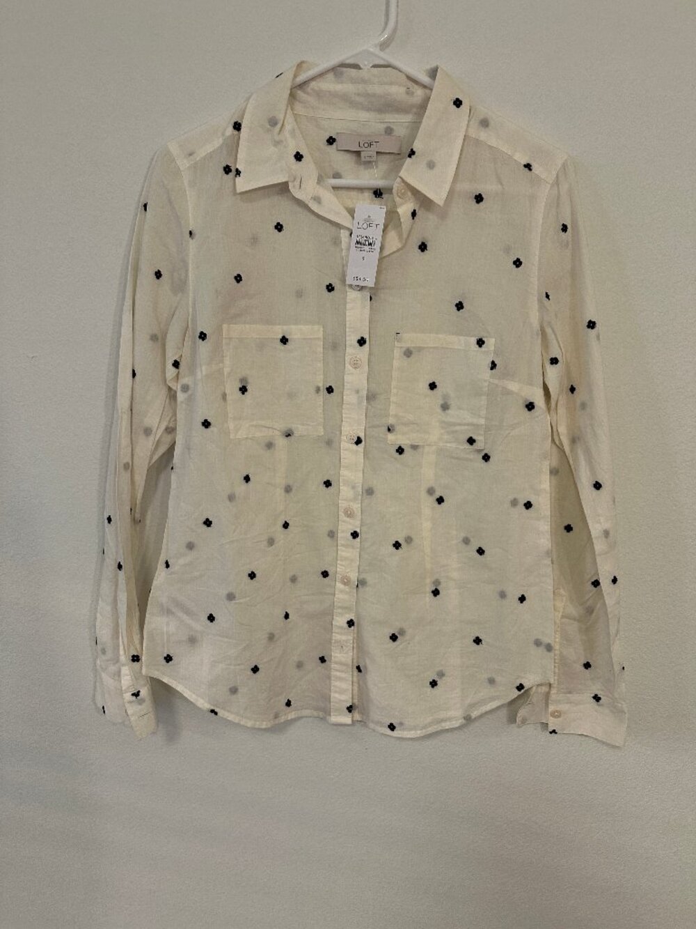 LOFT White Black Embroidered Floral Button Front Shirt Women's S NWT